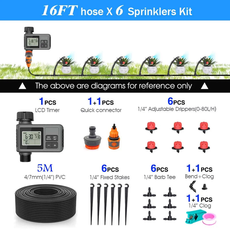 30-5m Garden LCD Button Timer Irrigation Set 0-80L/H Rotating Adjustable Nozzle Intelligent Display Automatic Watering System