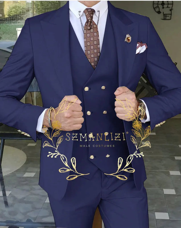 Beige Business Suits For Men Tuxedos Gold Buttons Groom Groomsman Prom Wedding Party Formal 3 Pieces Sets - View 19 | SAMAG