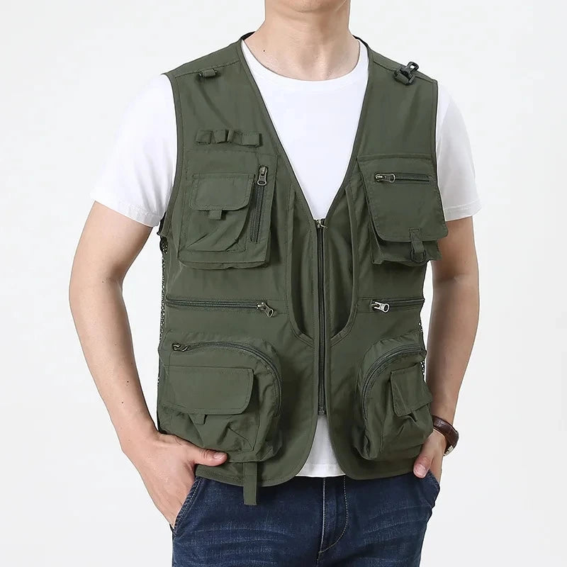 Men Work Vest 2025 Summer New Solid Colour Multi-pocket Casual Loose Waistcoat Fishing Photography Coat Man Sleeveless Jacket