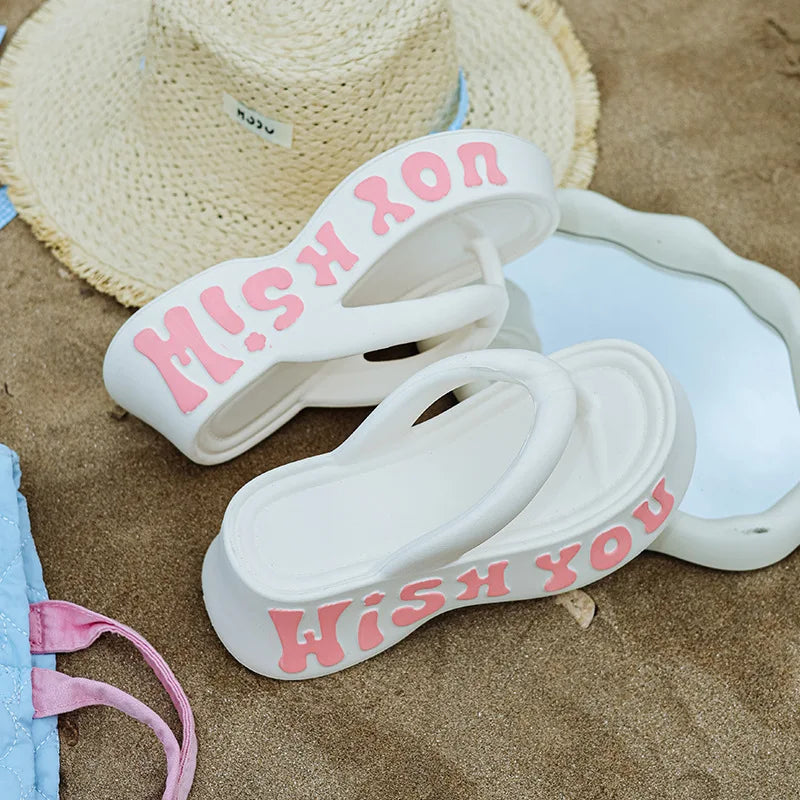 Women's Summer Fashion EVA Platform Slippers Wedge Heel Sandals Letter Print Thick Bottom Non-Slip Beach Slides