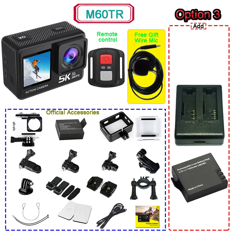 Action Camera 5K 4K60FPS  50MP 2" Touch Dual Screen 5X Zoom Wi-Fi EIS  170° DVR Webcam Wireless Mic 30M Waterproof Sport Camera