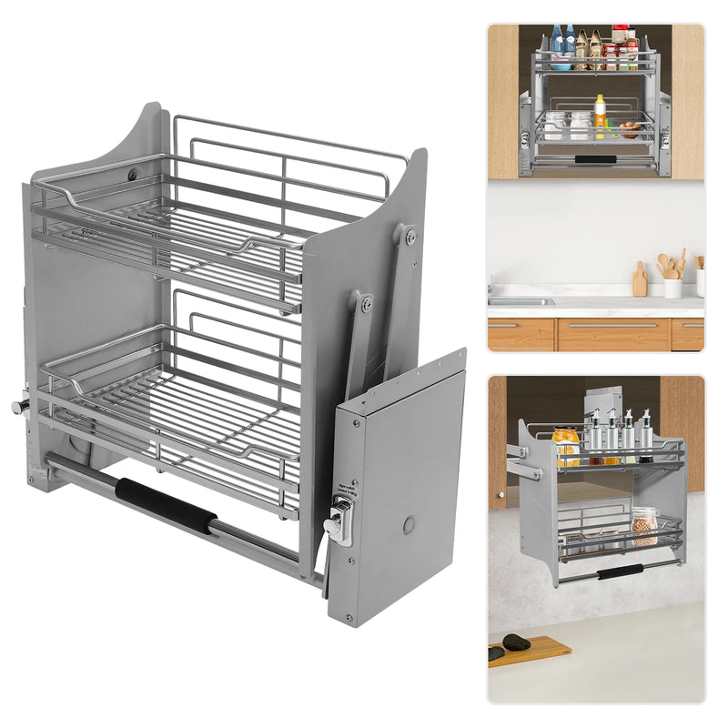 Dark Grey 2-Tier Pull-Down Dish Rack Space-Saving Cabinet Pull-Down Shelf 56.2x28x56cm/22.13x11.02x22.05in Kitchen Storage Organizer
