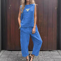 Summer Cotton And Linen Casual Outfits Female Fashion Solid Color Two-piece Set For Women Sleeveless Top Trousers Women's Suit