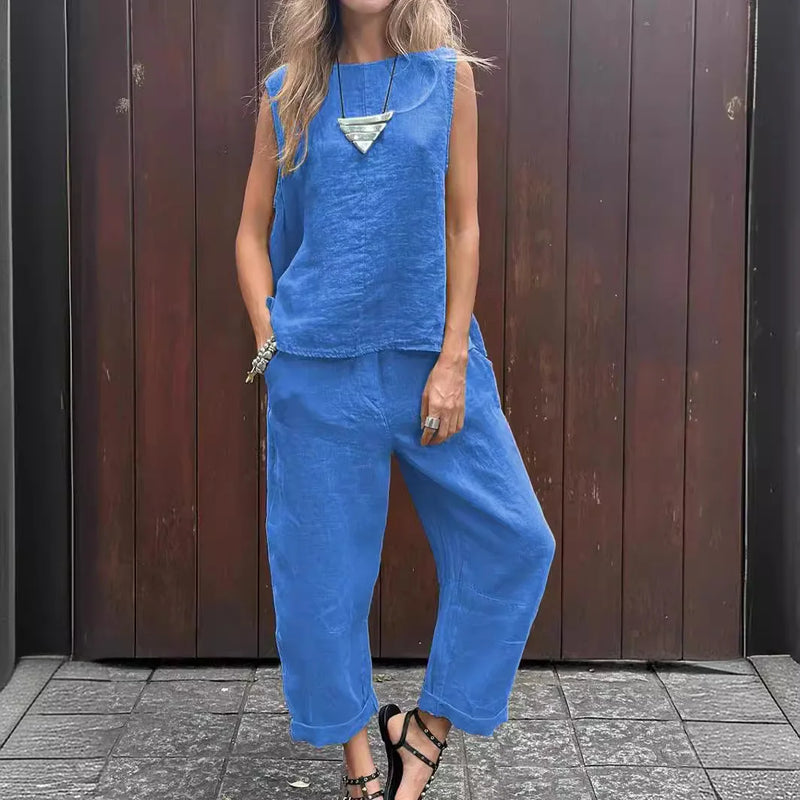Summer Cotton And Linen Casual Outfits Female Fashion Solid Color Two-piece Set For Women Sleeveless Top Trousers Women's Suit