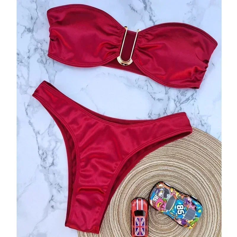 Summer Push Up Bandeau Swimsuit Straps Bikini Set Solid | SAMAG