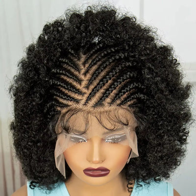 Full Lace Natural Cornrow Braided Wigs 8inch Synthetic Afro Kinky Curly Short Braided Lace Wigs With Baby Hair for Black Women