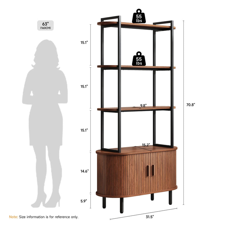 71" Tall Bookshelf,4-Tier Book Shelf with Storage Cabinet,Modern Bookcase with Sliding Door & Adjustable Footpad