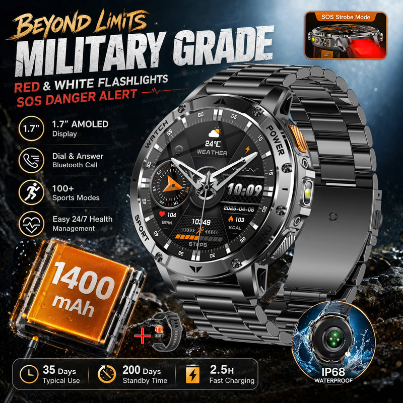 2026 New Military TANK 1400mAh Battery Smart Watch IP68 Waterproof LED Flashlight Heart Rate Sports tracker SOS Smart Watch Men
