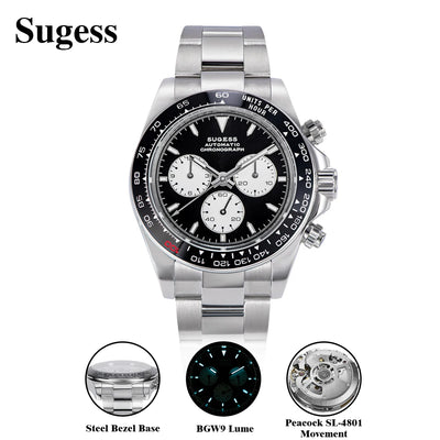 Sugess Panda Diver Chronograph Mens Watch Automatic Peacock SL - 4801 Movement Luxury Waterproof Mechanical | SAMAG