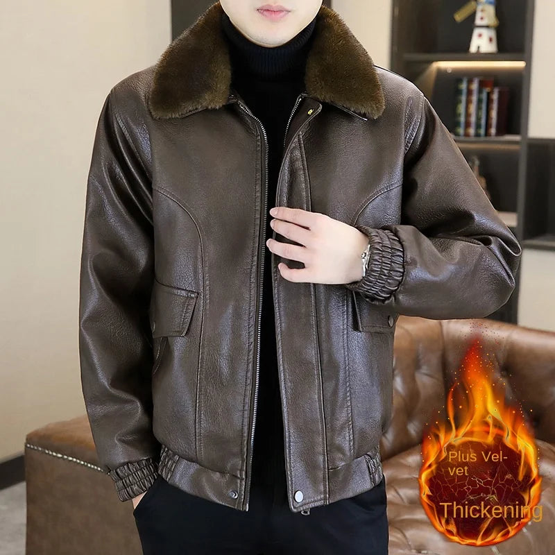 2025Men's Fleece-Lined Thickened Fur Collar Leather Jacket |  Autumn & Winter New Style  High-Quality