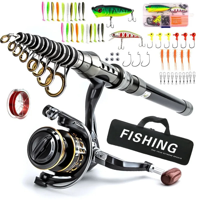 Carbon Fiber Telescopic Fishing Rod Reel Combo Full Kit With Simulated Lures Portable Travel Sea Fishing Set For Freshwater Salt