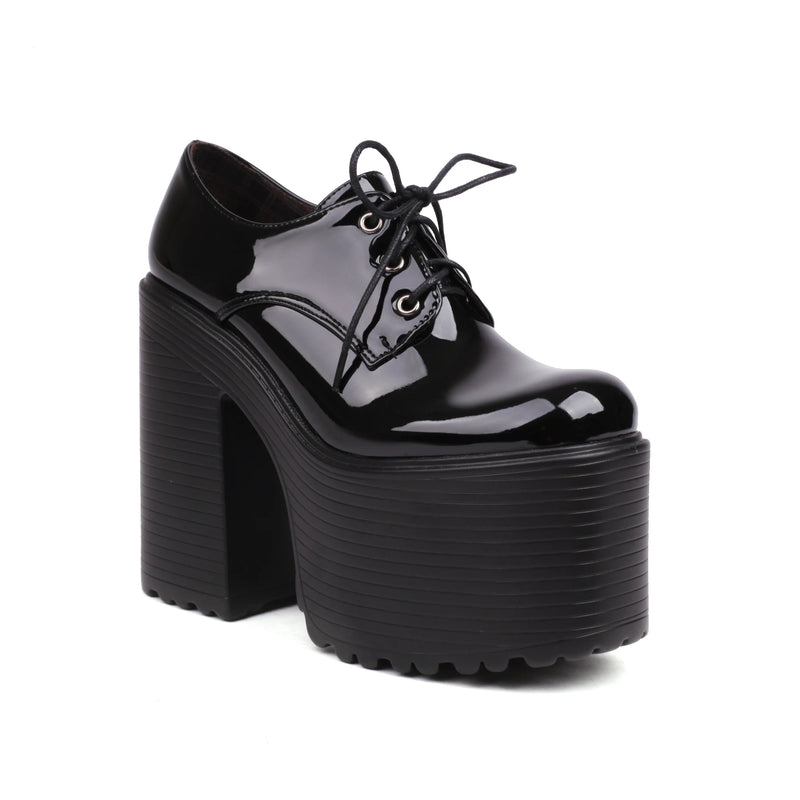 Ultra High Waterproof Platform Shiny Patent Leather Lace Up Women's Pumps Breathable Lining Thick Heels Punk Trendy High Heels