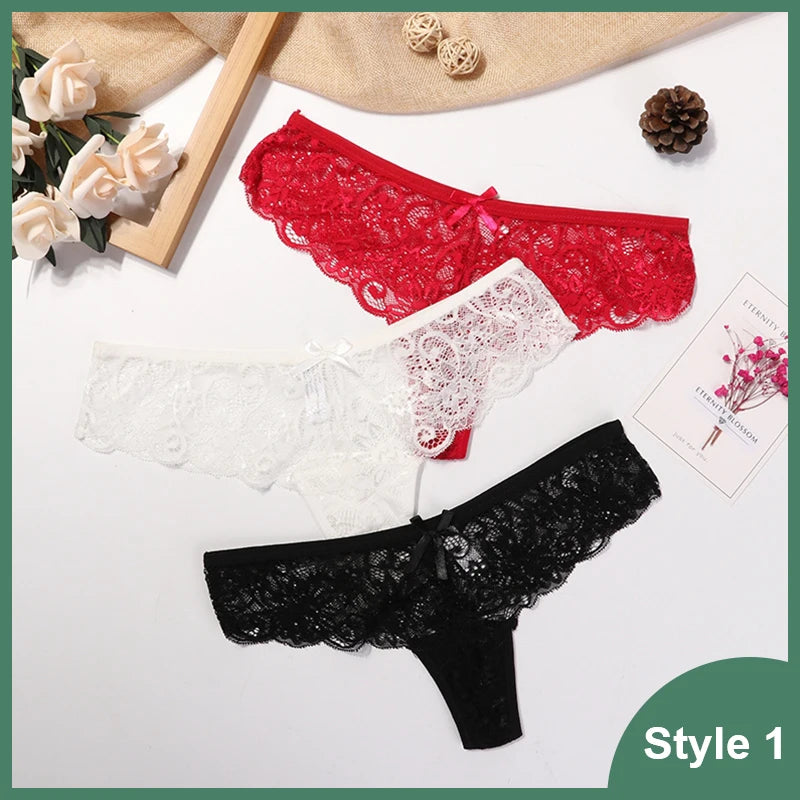 3 Pcs Woman Panties Sexy Lace Thong Underwear Lingerie Female T-back Temptation Low Waist Women Transparent G String