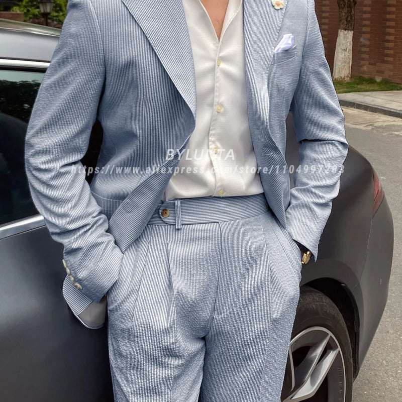 BYLUNTA Mens Suit 2 Piece Slim Fit Stripe Suits Tuxedo Blazer Jackets Pants Set Summer Beach Wedding Outfit for Mennt)