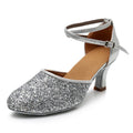 Glitter Women Latin Dance Shoes Closed Toe Ankle Strap Cha Cha Tango Mid Heel Soft Suede Sole Practice Performance Indoor Pumps