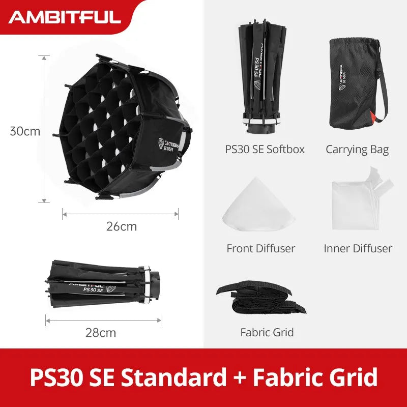 AMBITFUL PS30/PS50 SE 30cm 55cm mini Quickly Release Bowens Mount Octagon Softbox + Honeycomb Grid Outdoor SoftBox for LED Flash