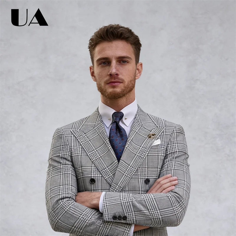 Retro Checkered Suit Set Including Jacket and Pants, Men's Formal Suit Double Breasted Jacket XXS-7XL Tuxedo Blazer Trousers