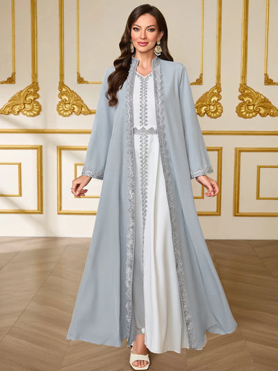 French - Style Luxury Grey - Blue Lace Embroidered Dress Set | SAMAG