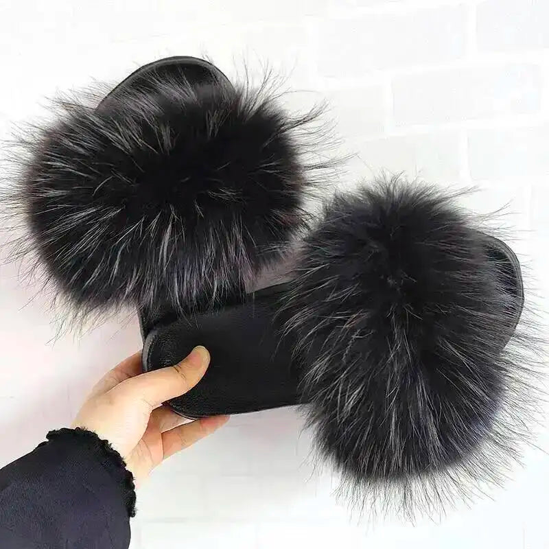 Women Real Raccoon Fur Slides Fluffy Luxury Furry Open Toe Slippers Indoor Outdoor Summer Sandals Non Slip Soft Comfy Sole Cozy