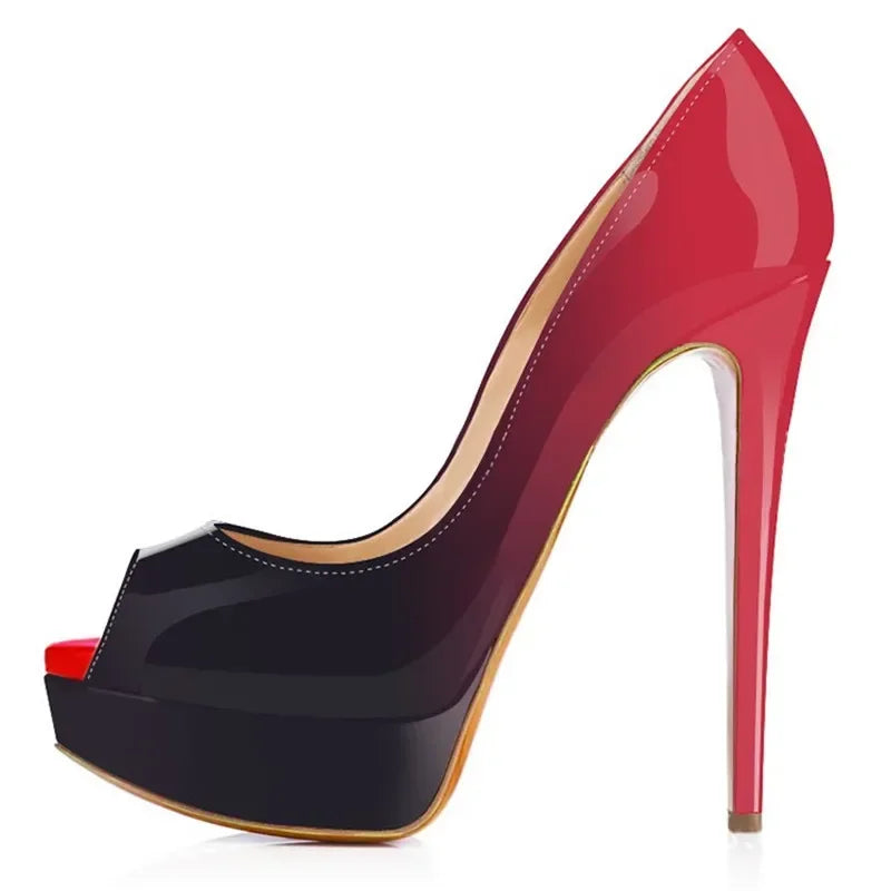 Women Stilettos Sexy Pumps 14cm Extremely Platform Peep Toe High Heels Patent Leather Party Nighclub Dress Red Wedding Shoes