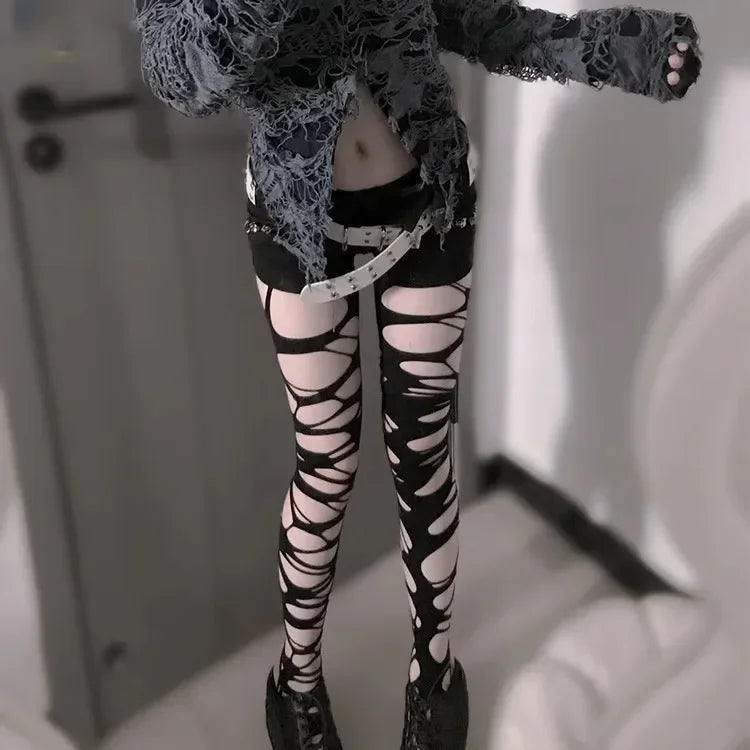 Punk Hollow Fishnet Stockings for Women Spider Web Torn Strap Holes Tights Girls Lolita Ragged Pantyhose Party Socks Pantyhose