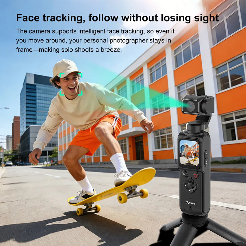 Ourlife 4K Action Camera 330° Face Tracking Gimbal Stabilizer 1.72 Inch Touch Screen 64MP Pocket Digital Camera WiFi Sports Cam