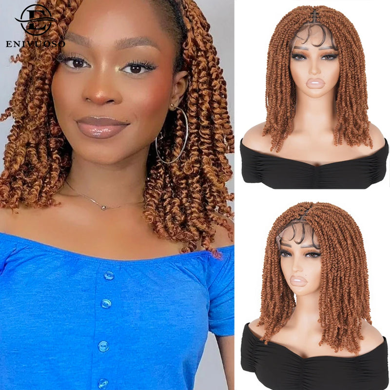 Synthetic Full Lace Braided Wigs Spring Twist Wig for Black Women 14 Inch Short Bob Knotless Box Braids Double Lace Twist Wigs