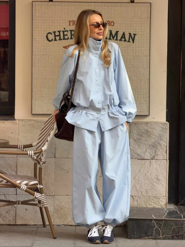 DFDG Women 2026 Spring Summer Casual Stand Collar Long Sleeve Top High Waist Elastic Cuff Jogger Pants Two Piece Streetwear Set