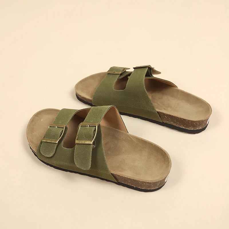 Women's Flat Outdoor Beach Casual Slippers Man Sliders Thick Sole Leather Cork Sole Sandals and Slippers