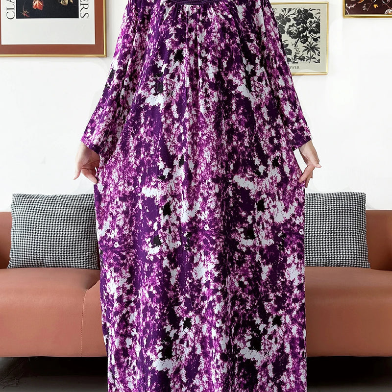 Fashion Women Abaya Embroidered Tie-dye O-neck Cotton | SAMAG