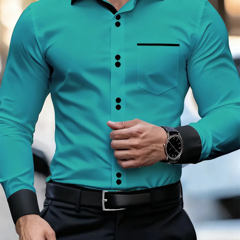 Men's Business Color Block Collar Long Sleeve Shirt, Slim | SAMAG