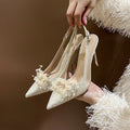 French Bride Gold Wedding Shoes spring women Thin Heel Pointed Shallow Mouth Flower Rhinodrill High Heels  Fashion Sandals