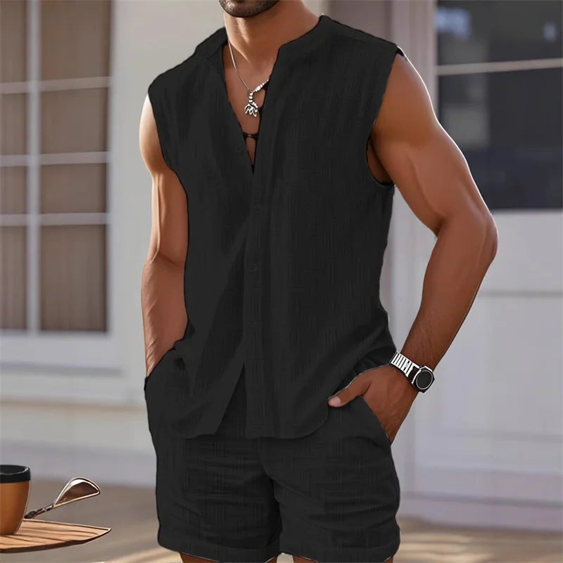 Men's Vest Shirt, Sleeveless Top and Shorts Plaid Two - Piece Set, Casual Trendy Hawaiian Beach - View 2 | SAMAG