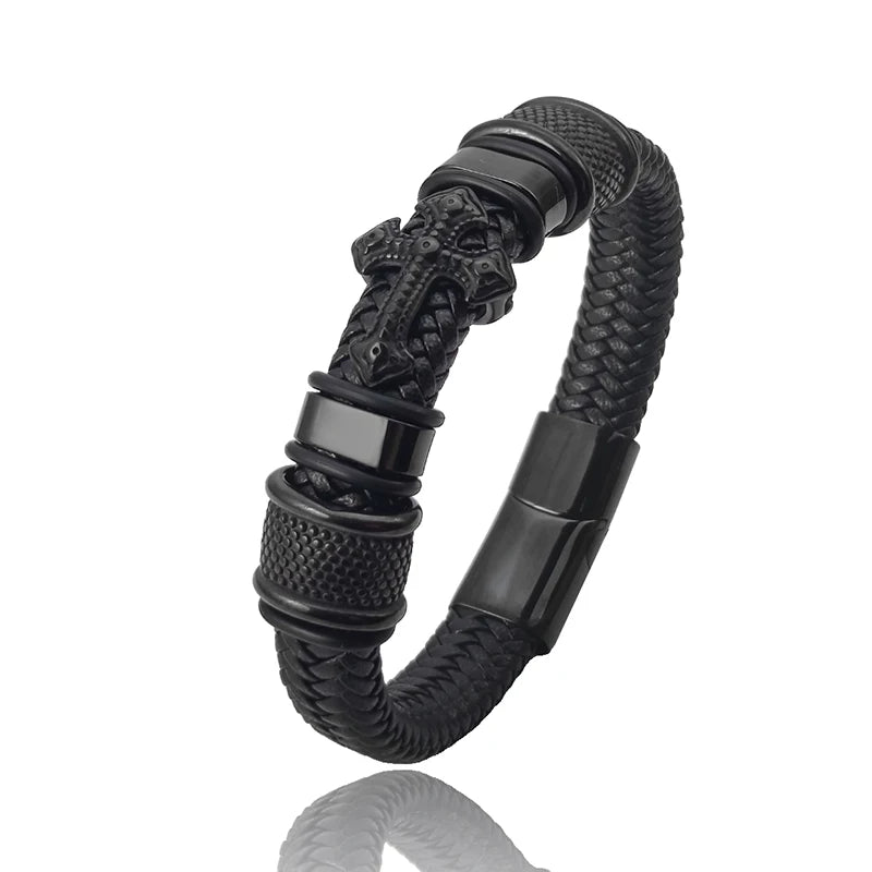 Dark Series Men's Leather Cross Bracelet New Fashion Hand-woven Rope Multi-layer Combination Stainless Steel Male Jewelry Gift