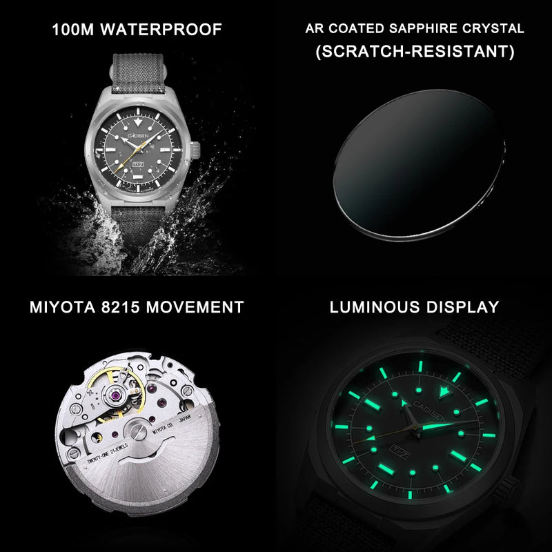CADISEN TI-7 Autodyne Titaniu Men's Mechanical Wristwatch 8215 Movement Sapphire Glass 10ATM Waterproof Calendar Feature Luxury