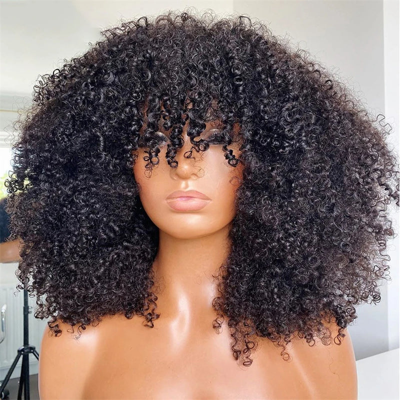 Mongolian Afro Kinky Curly Human Hair Wig For Women Raw Indian Hair Short Bob Wigs With Bangs Afro Curly Fringe Wigs Glueless