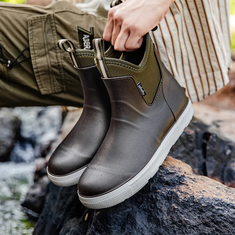 Men Rain Boots Non-slip Water Shoes Outdoor Waterproof Fishing Boots Slip on Men Rubber Boots PVC Material Round Toe Rain Shoes