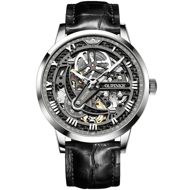 OUPINKE 3173 Fully Transparent Hollowed Automatic Mechanical Watches for Man Luxury Original Leather Strap Waterproof Mens Watch