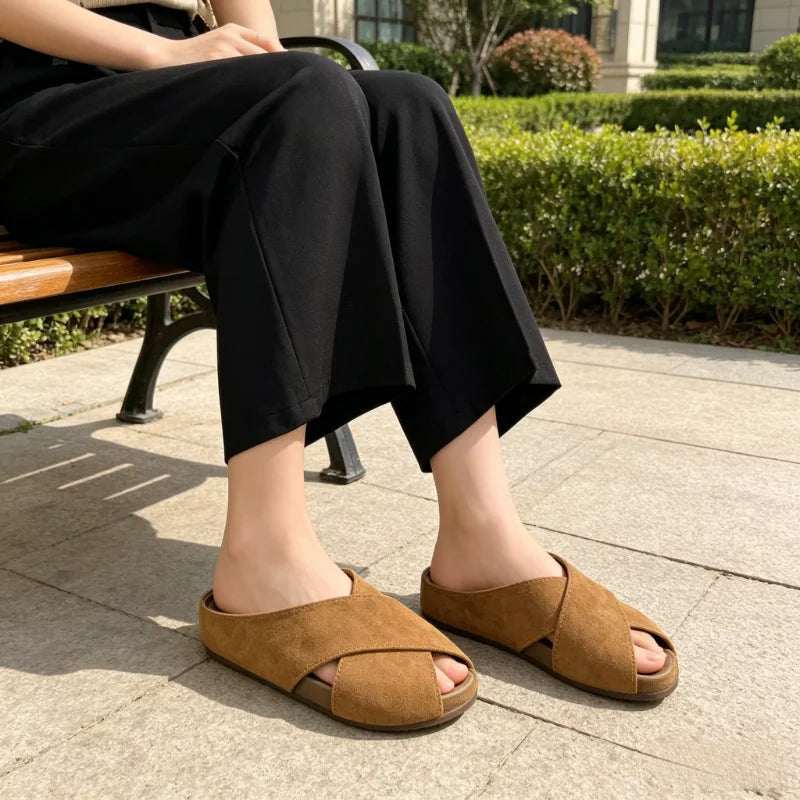 New Arrival Cross Design Closed Toe Mules, Soft Sole Suede Slides, Versatile Commute Daily Wear Women Backless Half Sandals