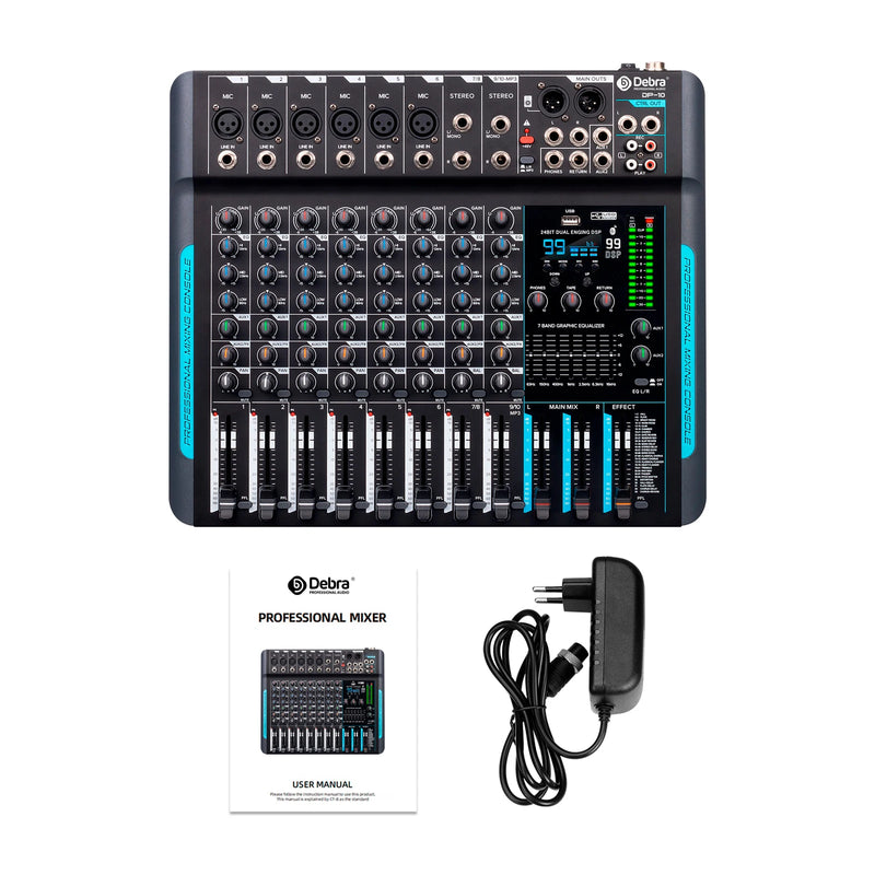 Debra DP-10 10 Channels 99 DSP Audio Mixer DJ Controller Reverb Recording Mixing With Bluetooth 5.0 Professional Performance