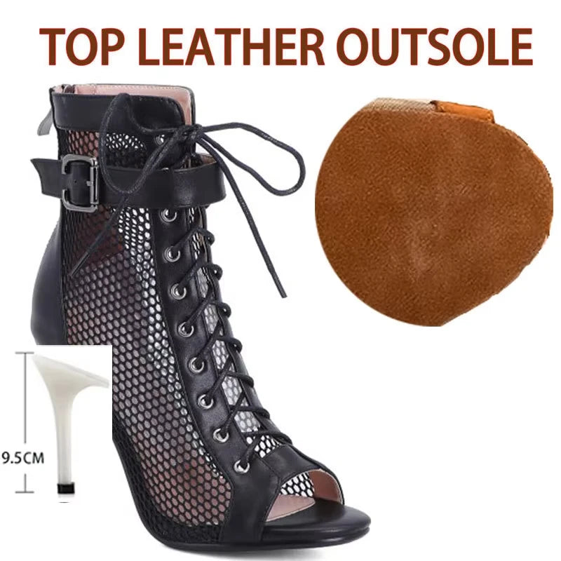 Summer Dance Heels Breathable Mesh 9.5cm 7cm Stable Heel Rubber Sole Suede Sole Customized Salsa Latin Party Team Dance Shoes