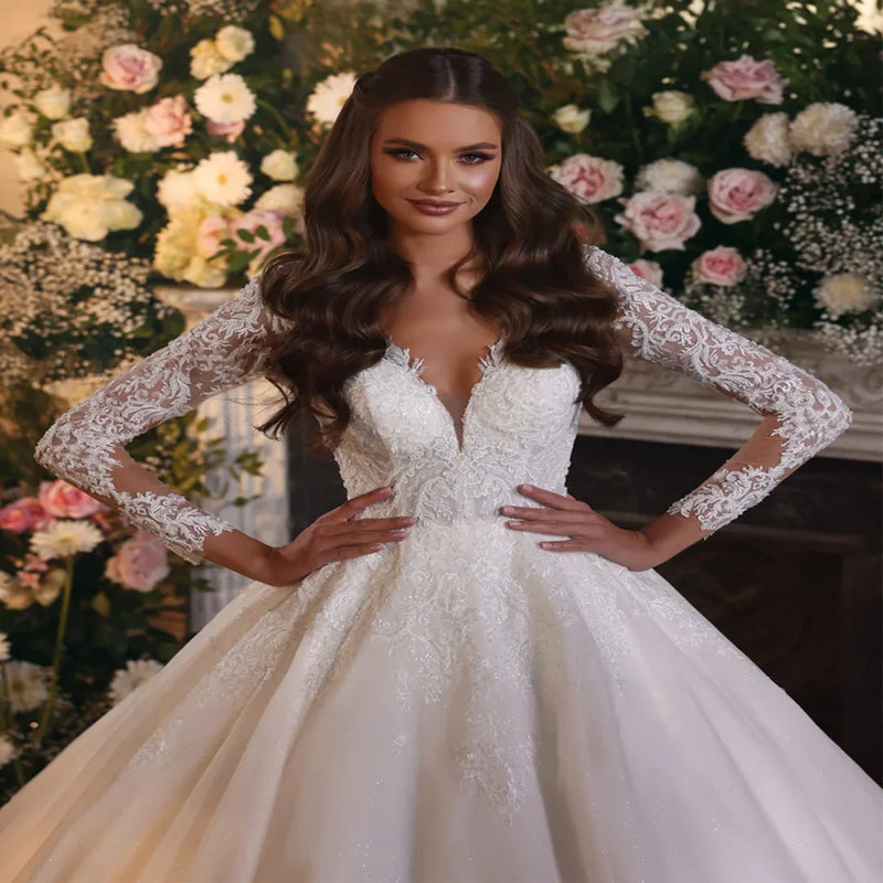 Customized Exquisite Wedding Dress Long Sleeves V Neck - View 3 | SAMAG