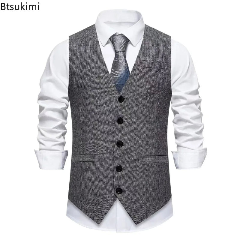 Men's Suit Vests Solid Color Herringbone Suit Waistcoat Business Casual Working Wear Retro Brown Single Breasted Vest for Men