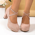 Women Pumps High Heels Thick Soles Shoes Ankle Strap Wedding Party Shoes Cross Strap Platform Square Heel Round Toe Sexy Sandals