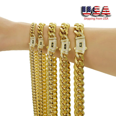 6 - 14mm Bling Gold Color Stainless Steel Cuban Miami Chains Necklaces CZ Zircon Box Lock Link for Men Hip Hop Rock | SAMAG