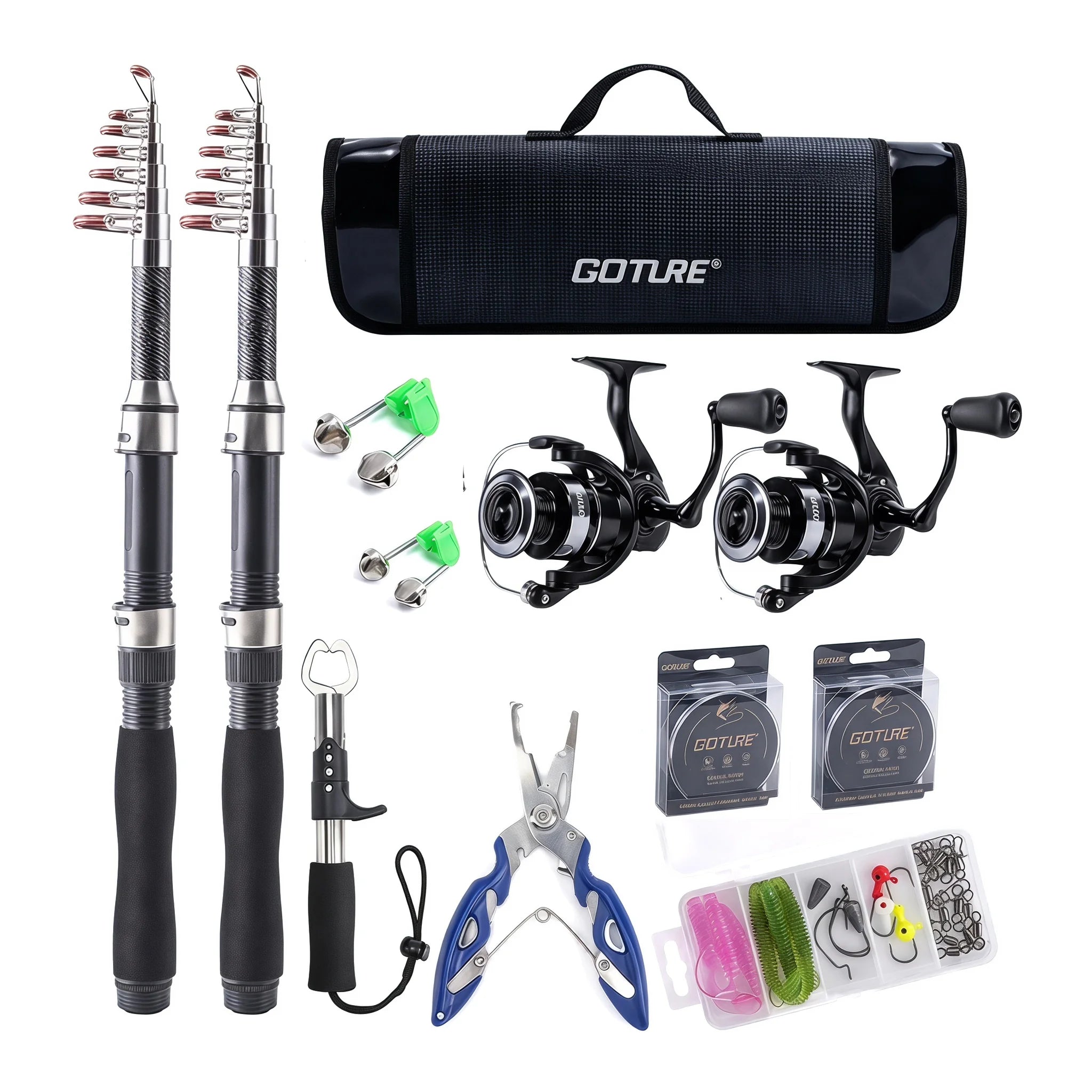 Carbon Telescopic Spinning Fishing Rod Reel Full Kit Pole Lures Hooks Line Pliers Gripper Complete Carry Bag,Fishing Set