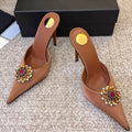2026Women's new satin pointed toe toe water diamond high heels slippers party wedding high heels women's sandals