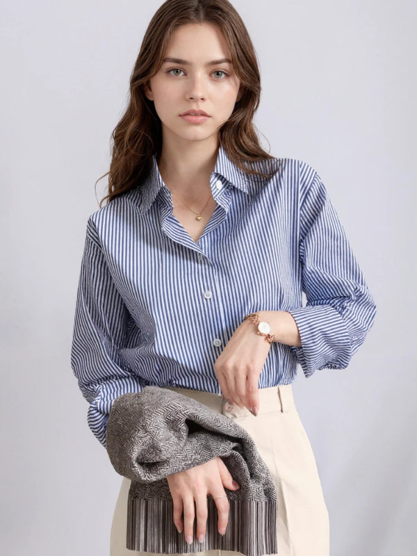 AOSSVIAO 2026 Spring Autumn Classic Striped Woman Blouses Shirt Lady Long Lantern Sleeve Stand Collar Loose Blusas Tops