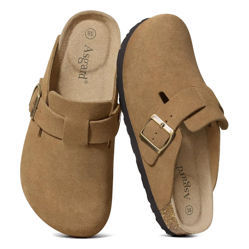 Asgard Women Suede Clogs Genuine Leather Mules Adjustable Buckle with Comfort Cork Footbed and Arch Support Aldult Potato Shoes