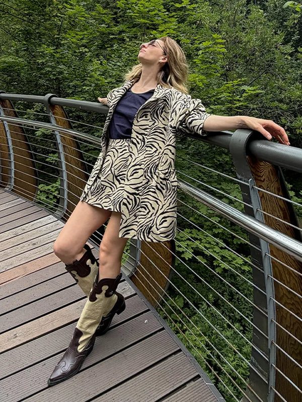 Women Zebra Print Two Piece Set Lapel Collar Elastic Waist Short Sleeve Coat Loose Shorts 2026 Spring Autumn Fashion Casual Suit
